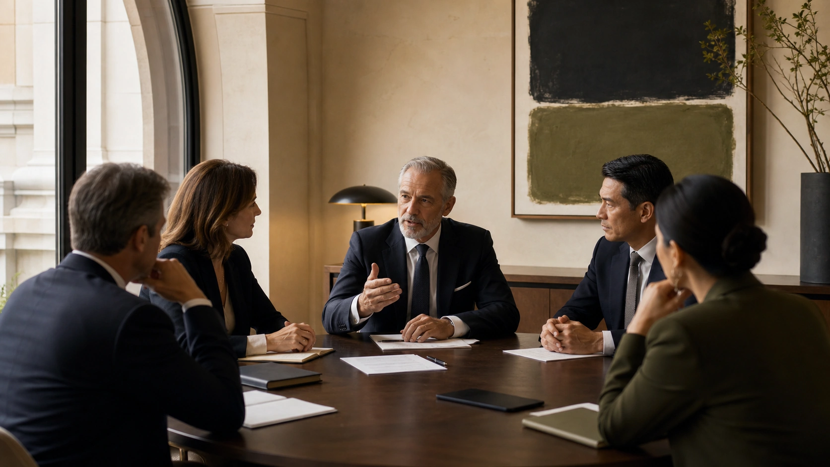 A diverse senior leadership team discussing strategy in a private boardroom.