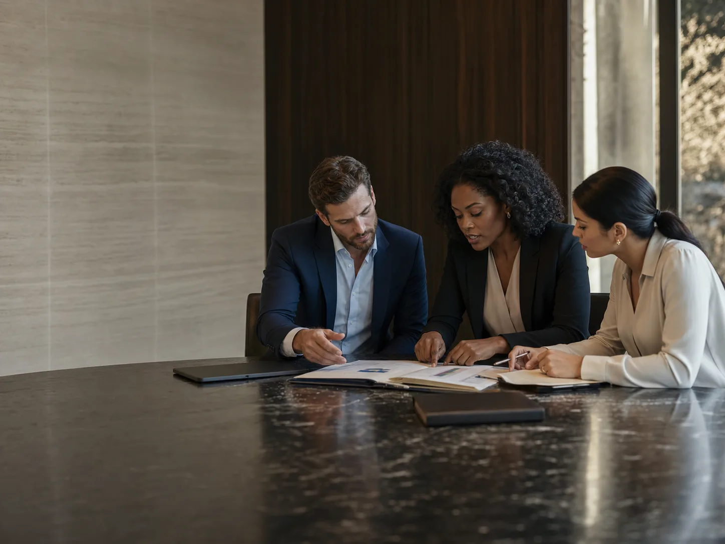 Three advisors reviewing strategic materials at a boardroom table.