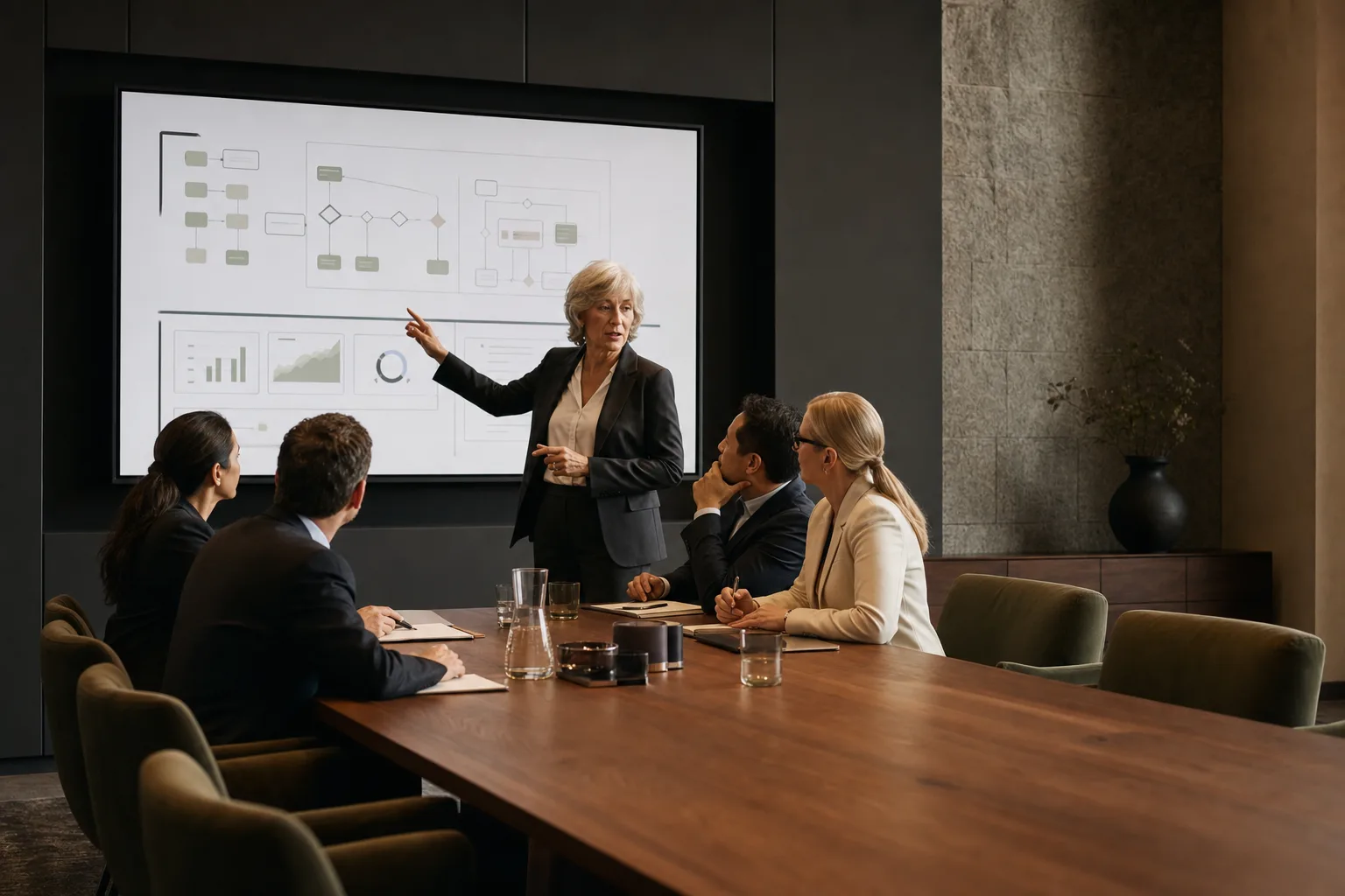 Senior woman presenting an operating workflow and performance analysis to a leadership team.