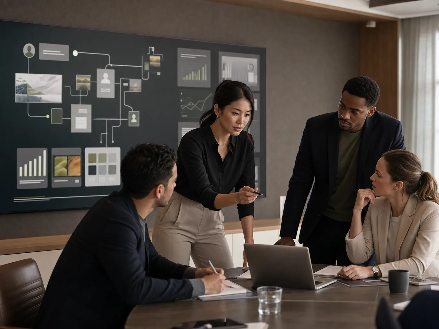 A cross-functional leadership team reviewing an AI-enabled marketing workflow.