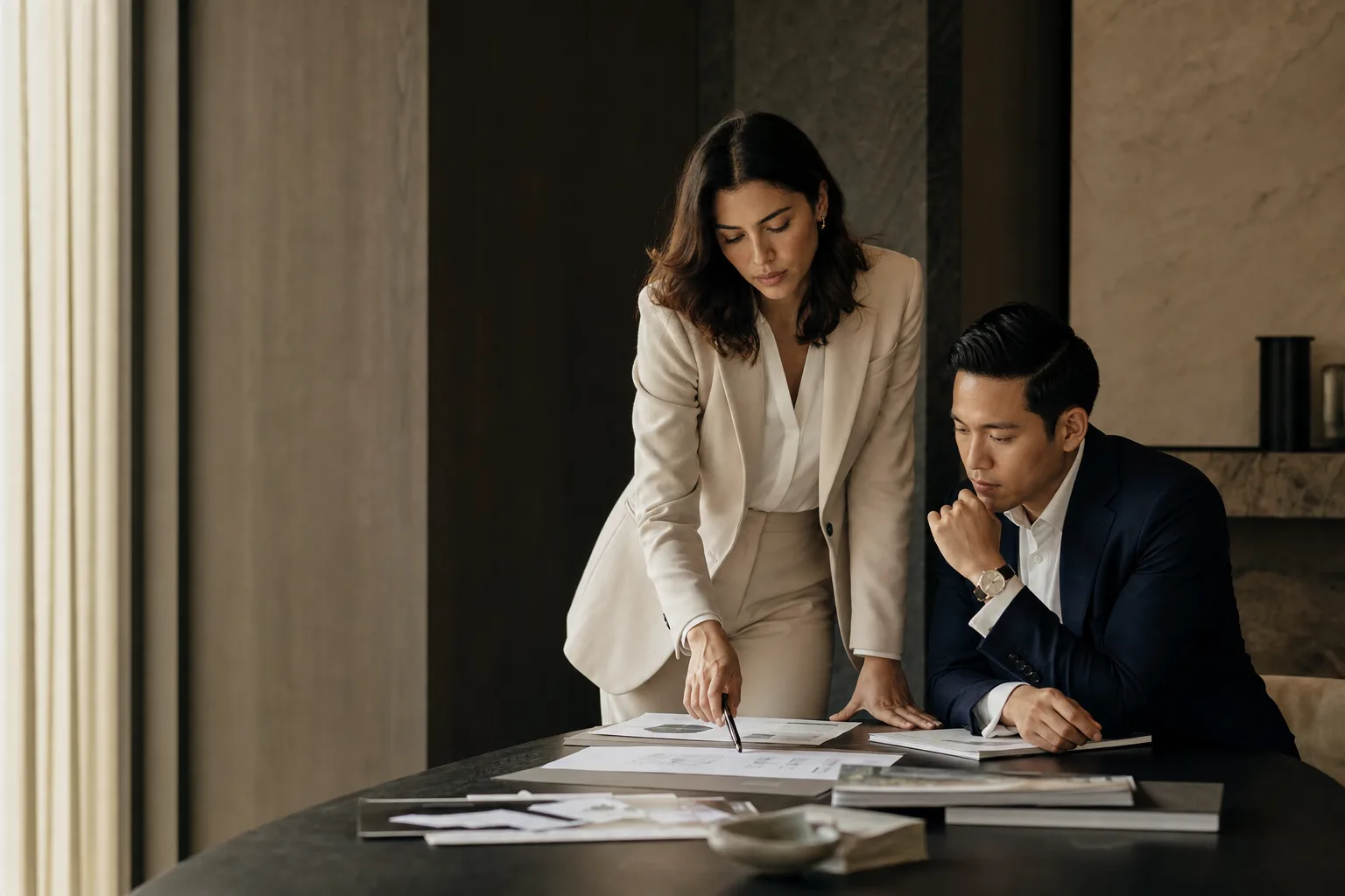 Two senior advisors reviewing strategic business materials in an executive office.