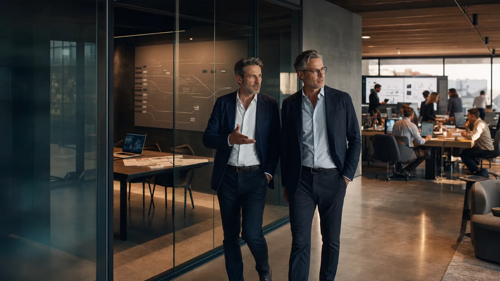 Two senior business leaders walking through an office while discussing strategy.