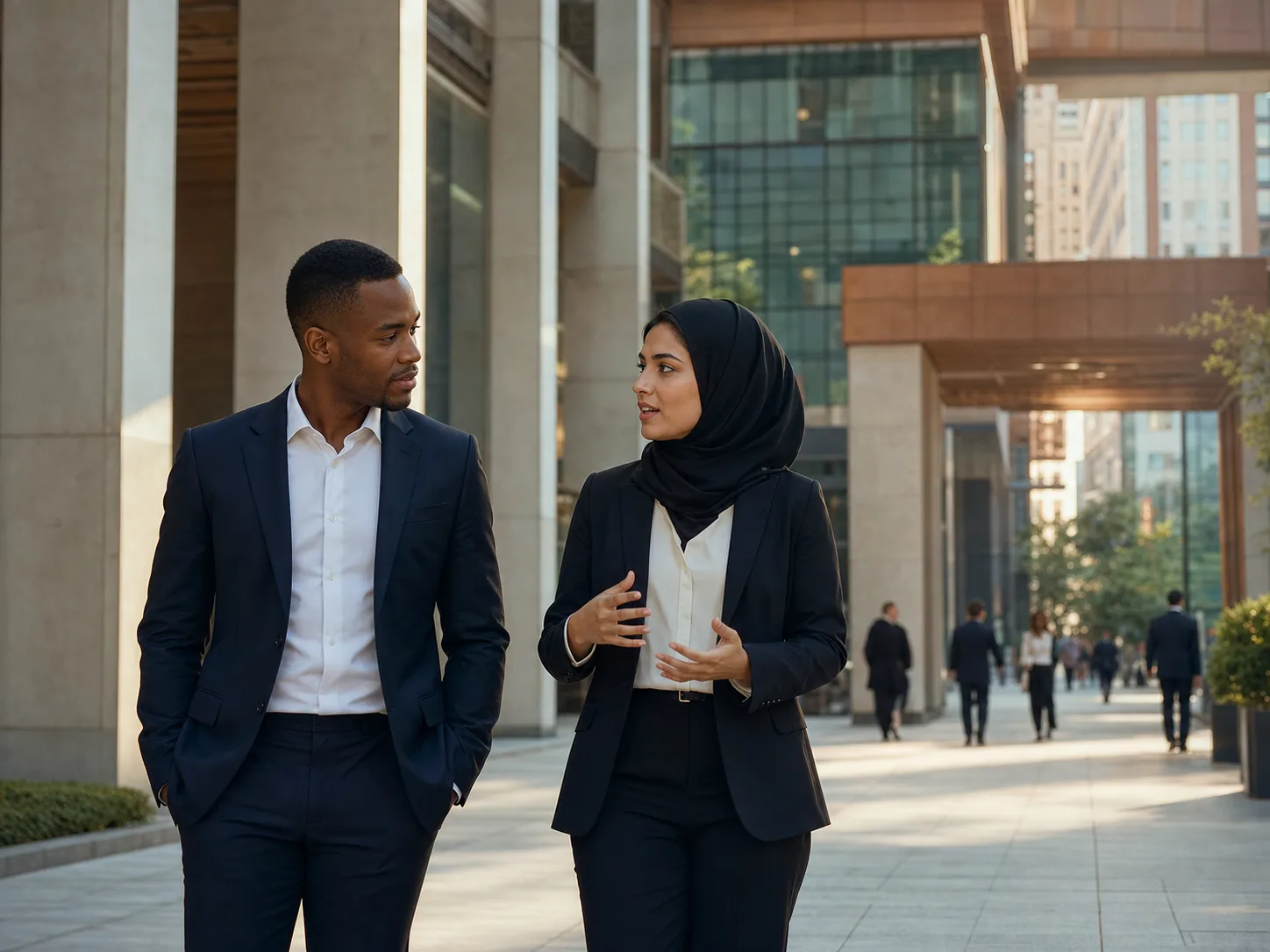 Two business leaders discussing international market development in a global business district.