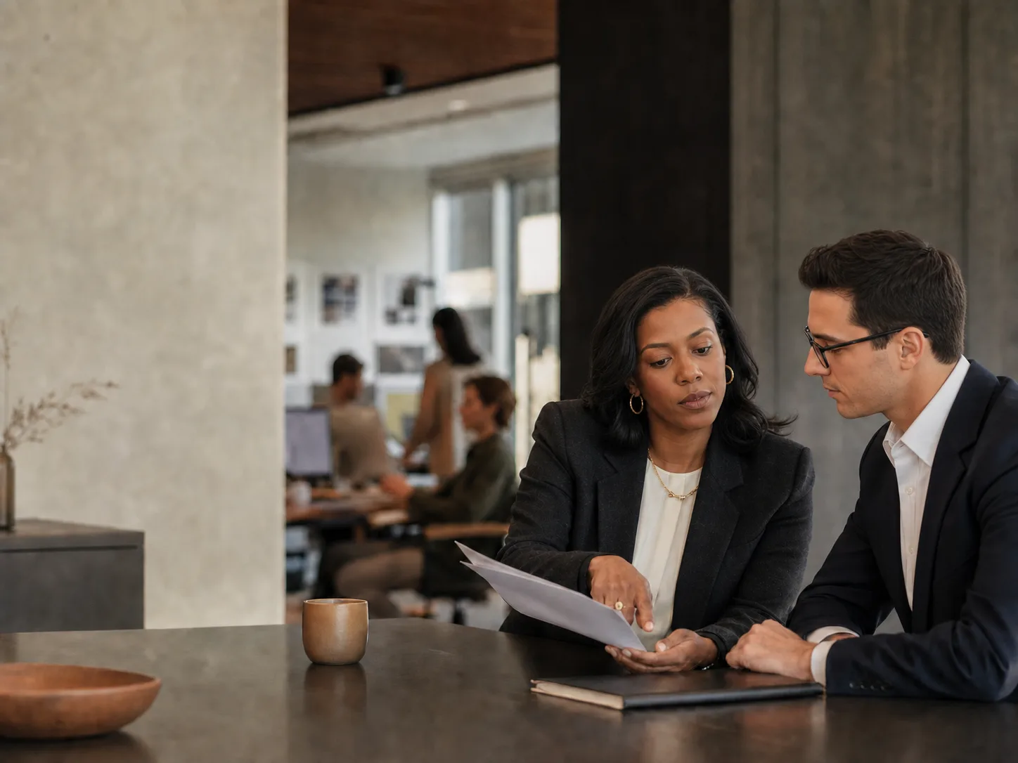 A female CEO and strategic advisor reviewing business priorities in a modern agency office.