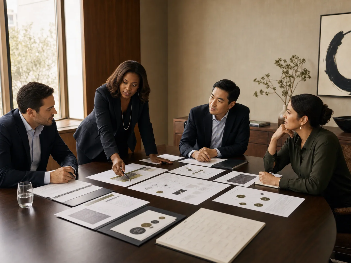 A diverse leadership team reviewing brand architecture and growth-system materials.