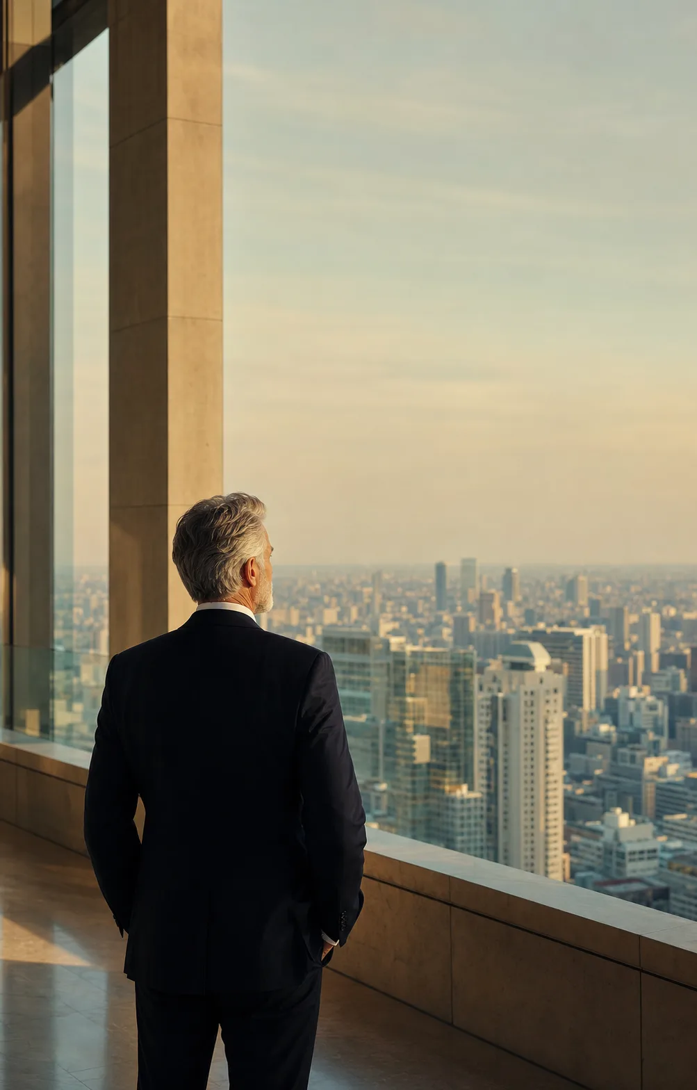 Senior business leader overlooking an international city from a high-rise office.