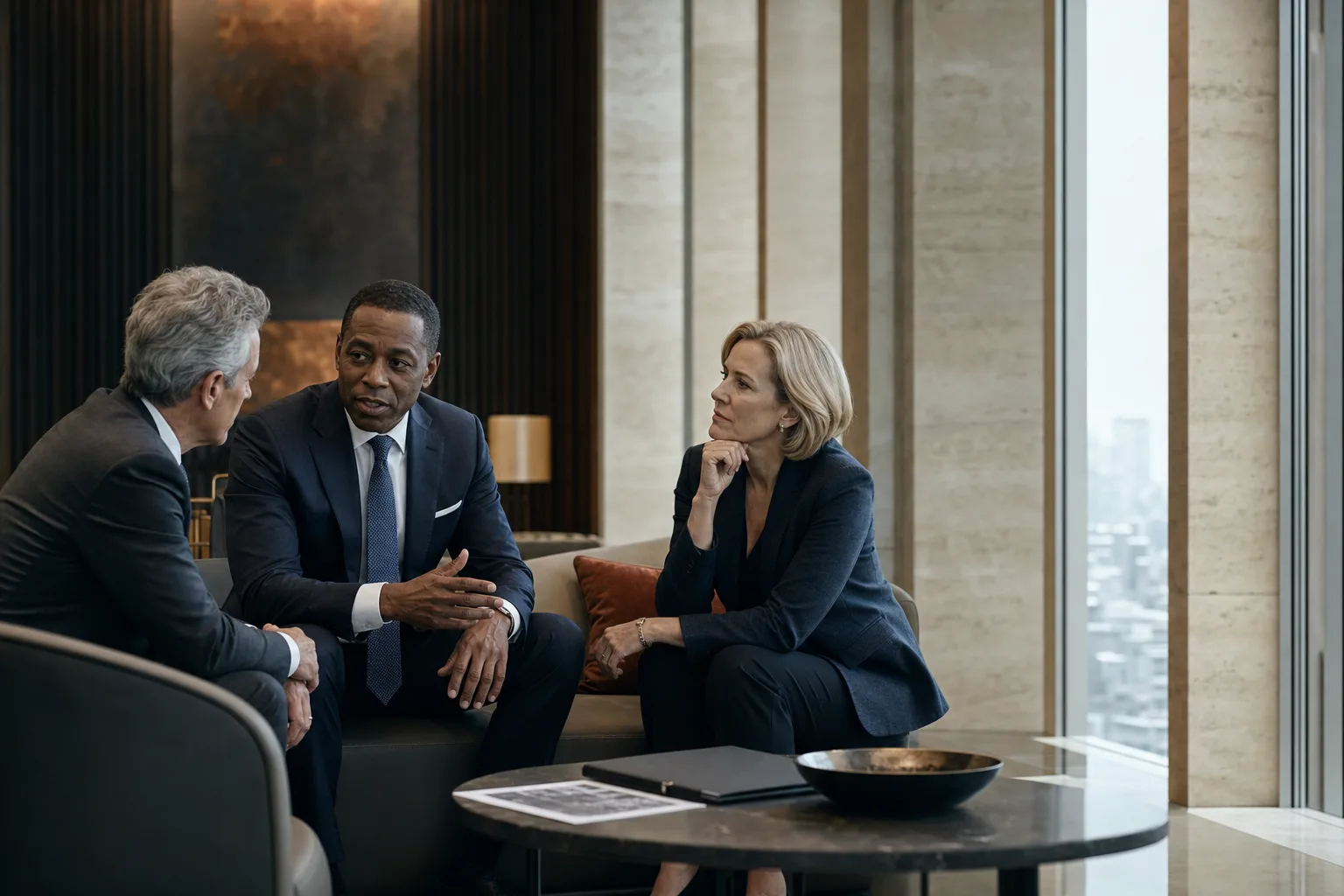 Three senior executives discussing a significant strategic business opportunity.