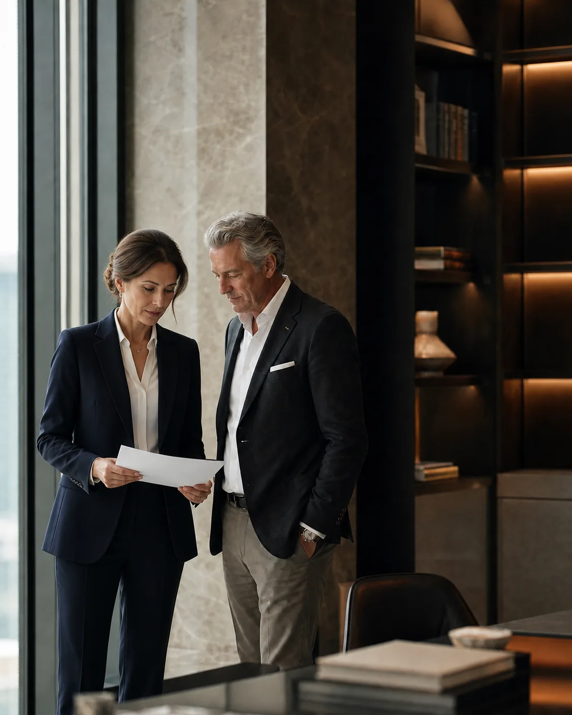 Two senior business leaders reviewing a strategic document in a private office.